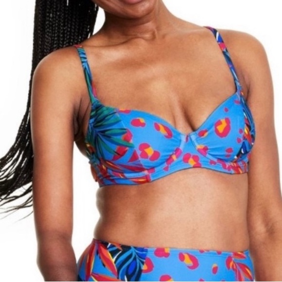 Blue Tropical Print Pattern Bikini Top - Picture 3 of 4